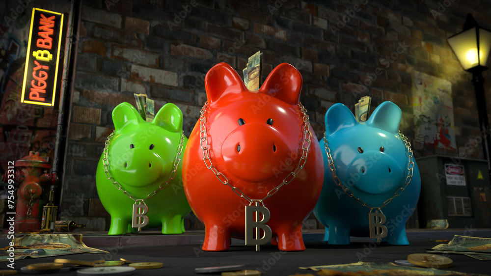 Die Sparschwein Bande - drei Sparschweine mit Bitcoin-Kette um den Hals stehen auf dunkler Straße mit Schild