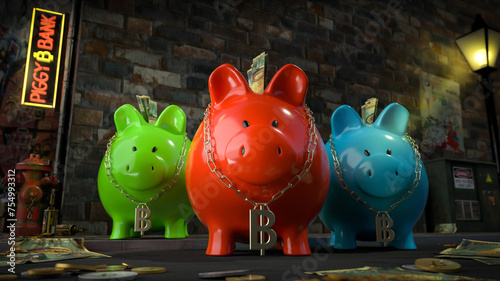Obraz na płótnie Die Sparschwein Bande - drei Sparschweine mit Bitcoin-Kette um den Hals stehen auf dunkler Straße mit Schild