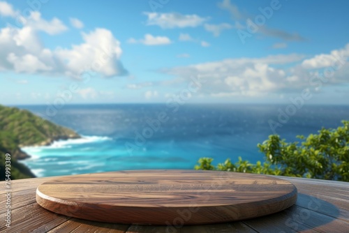Wooden plate podium on sea background with tree and clouds. Summer wallpaper. Beach. Travel banner