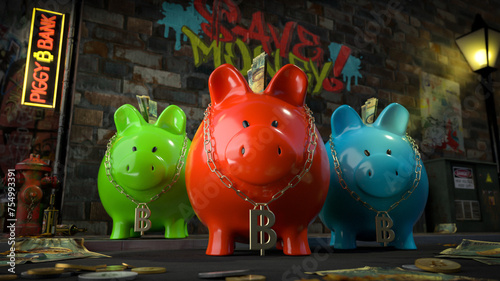 Obraz na płótnie Die Sparschwein Bande - drei Sparschweine mit Bitcoin-Kette um den Hals stehen auf dunkler Straße mit Schild