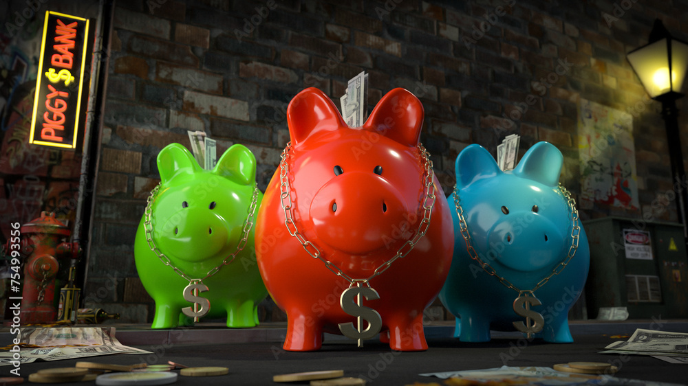 Die Sparschwein Bande - drei Sparschweine mit Dollar-Kette um den Hals stehen auf dunkler Straße mit Schild