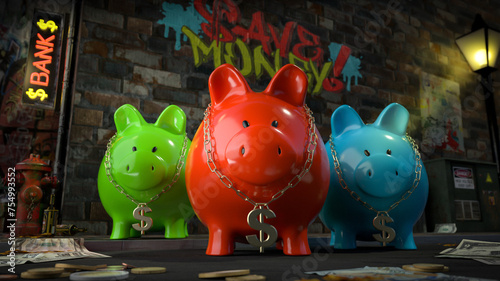 Die Sparschwein Bande - drei Sparschweine mit Dollar-Kette um den Hals stehen auf dunkler Straße mit Schild "Bank" plus Graffiti "Save Money" auf Hauswand und Geld liegt auf Straße