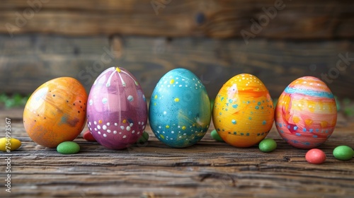 a row of painted eggs sitting on top of a wooden table next to eggs with holes in the middle of them.