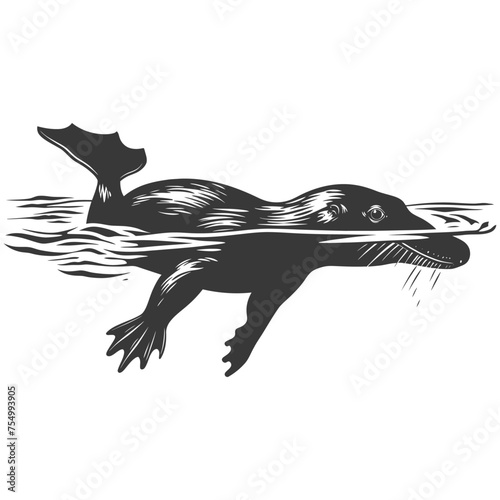 Silhouette platypus animal swim black color only full body