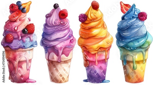 three ice cream sundaes with raspberries, blueberries, and raspberries on top of each ice cream cone. photo