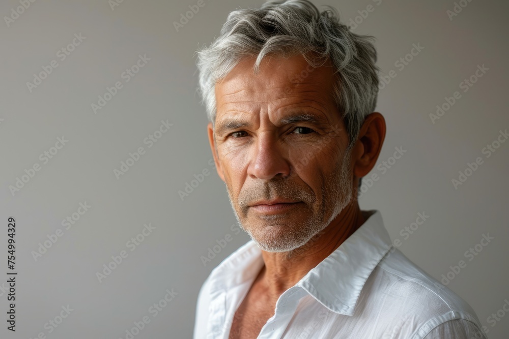 A contemplative mature man with distinguished silver hair and a white shirt poses for a portrait with a neutral background.. A contemplative mature man with distinguished silver hair and a white shirt poses for a portrait with a neutral background..