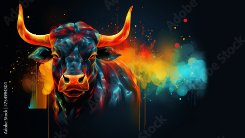 Colours Bull close up, concept animal and bull run, dark neon background, wide banner copy space