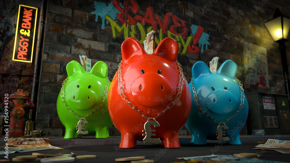Die Sparschwein Bande - drei Sparschweine mit Pfund-Kette um den Hals stehen auf dunkler Straße mit Schild
