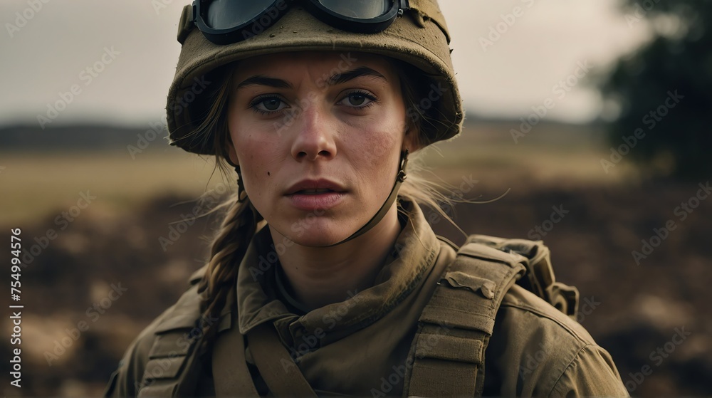 Portrait of a female british world war soldier on a battle field area background from Generative AI - obrazy, fototapety, plakaty 