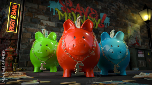 Die Sparschwein Bande - drei Sparschweine mit Pfund-Kette um den Hals stehen auf dunkler Straße mit Schild "Piggy Bank" plus Graffiti "Save Money" und Geld liegt auf Straße