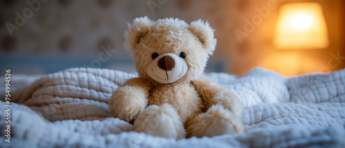 Teddy bear is sitting on a bed with a lamp in the background