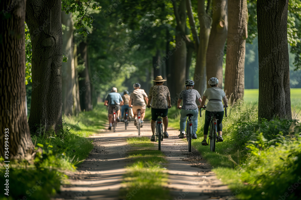 Pensioners taking part in a shared bike ride through picturesque country roads, rolling their bikes at a leisurely pace through the beauty of nature. Generative AI