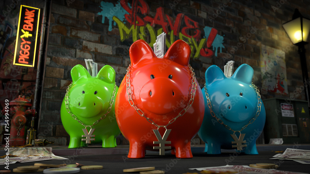 Die Sparschwein Bande - drei Sparschweine mit Yen-Kette um den Hals stehen auf dunkler Straße mit Schild