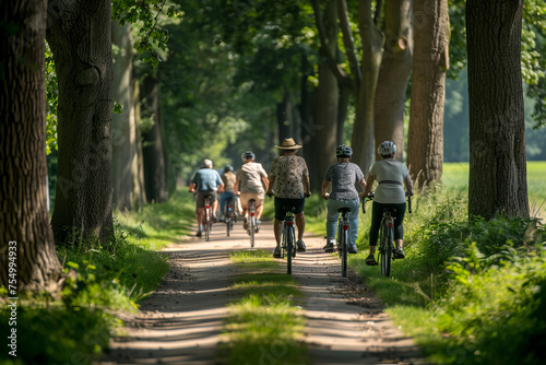 Pensioners taking part in a shared bike ride through picturesque country roads, rolling their bikes at a leisurely pace through the beauty of nature. Generative AI © Eugen