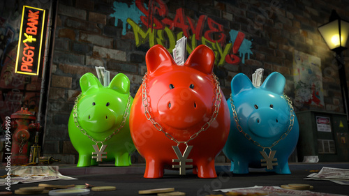 Obraz na płótnie Die Sparschwein Bande - drei Sparschweine mit Yen-Kette um den Hals stehen auf dunkler Straße mit Schild