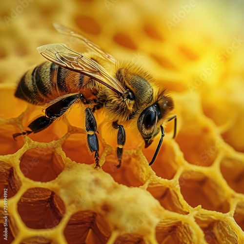 Experience the energy of a busy bee gathering nectar from a honeycomb, depicted with manga style filter photography. AI generative brings realism. © น้ำฝน สามารถ