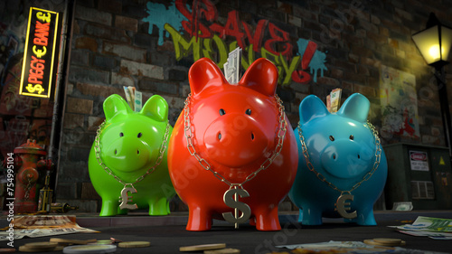 Die Sparschwein Bande - drei Sparschweine mit Dollar-Euro-Pfund-Kette um den Hals stehen auf dunkler Straße mit Schild 