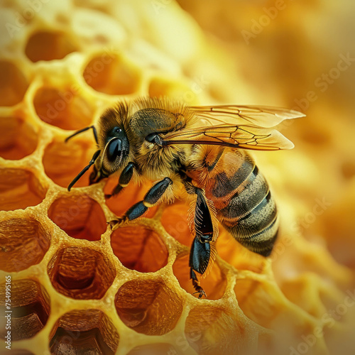 Explore the world of bees as one diligently collects nectar from a honeycomb, showcasing vibrant colors through manga-inspired filter photography. AI generative. © น้ำฝน สามารถ