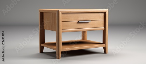 A wooden nightstand table with a drawer on top of it  placed in a bedroom setting. The drawer is closed  and the table is empty  showcasing the simple and practical design of the furniture piece.