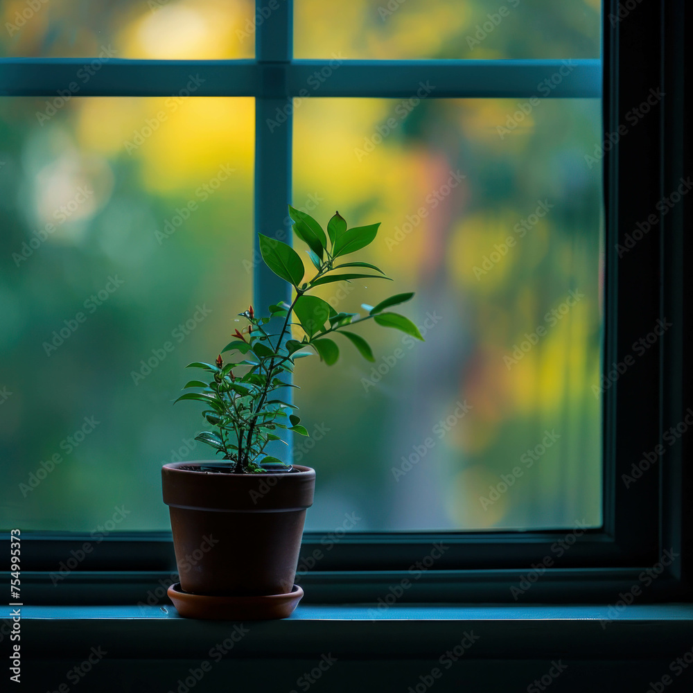 Transform your space with a green plant on windowsill, boasting 4K clarity and AI generative magic for hyper-quality.