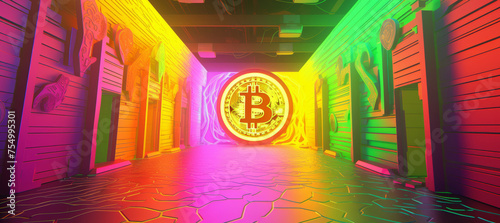 Gold bitcoin coin crypto trading investment success abstract art neon background concept banner photo