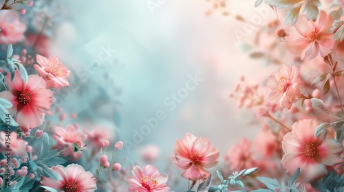 Close-up of dreamy pink flowers with dew drops, softly blurred in a mystical, sunlit background.