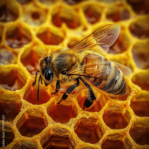 A bee gathers nectar from honeycomb, its striped body buzzing with activity. Manga-inspired filter photography brings vibrancy. AI generative. © น้ำฝน สามารถ
