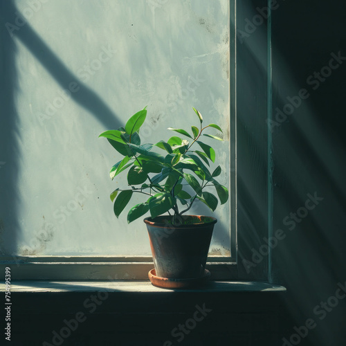 Experience the tranquility of a green plant on windowsill, front view, featuring deep color and stick figure precision. AI generative technology ensures hyper-quality. photo