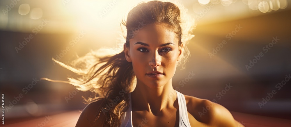 As she runs on the track, her hair flowing in the wind, the womans smile and joyful gestures show she is happy and having fun during the event - obrazy, fototapety, plakaty 