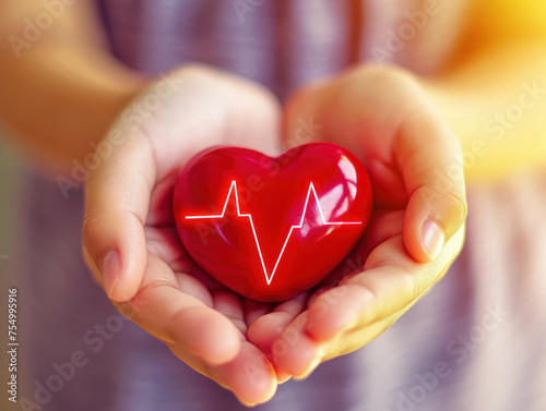 Adult and child hands hold red heart with cardiogram, symbolizing health care love. Ultra-realistic portrayal. AI generative magic. photo