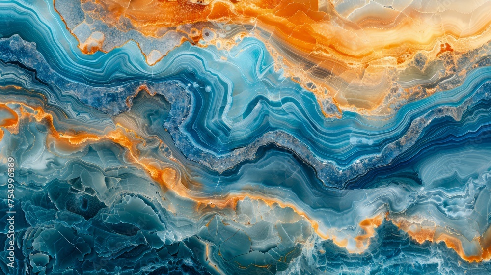 Abstract Marbled Blue and Orange Color Mixing, Fluid Art Painting Technique with Swirling Patterns
