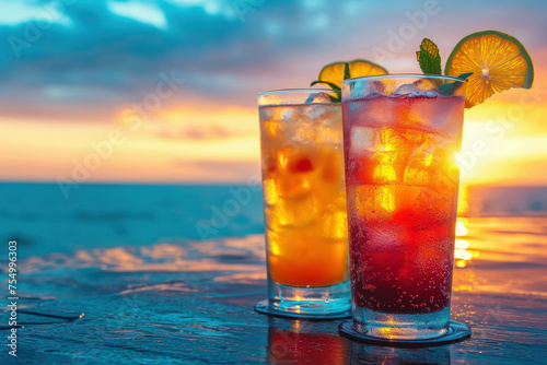 Cocktail drinks glasses against sunset sky at beach bar, perfect for summer vacation vibes. AI generative.
