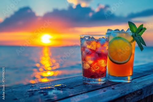 Cocktail drinks glasses against sunset sky at beach bar, perfect for summer vacation vibes. AI generative. photo