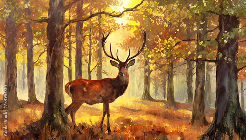 Deer in forest nature tree in high textured painting canvas photo