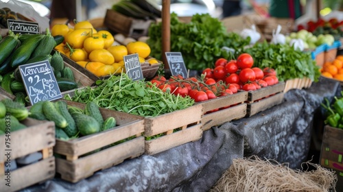 A diverse selection of vibrant organic vegetables presented at a local farmers market stand..