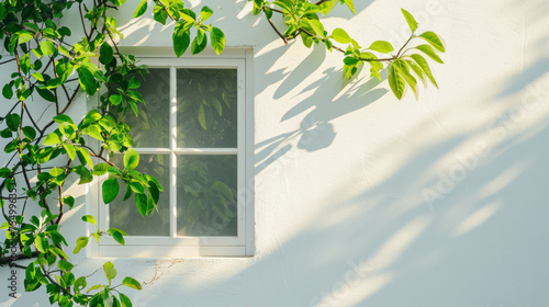 Award winning studio photography: close-up of white window with green leafs, showcasing professional color grading. AI generative. photo