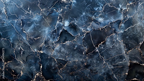 Close-up Texture of Deep Blue Cracked Ice Surface in High Resolution, Abstract Natural Background