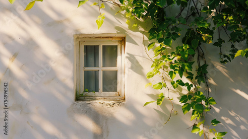High-quality close-up image of white window and green leafs, featuring soft shadows and professional color grading. AI generative. photo
