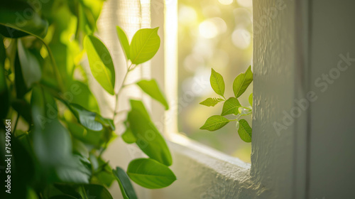 Professional studio photography of a cozy white window with green leafs, perfect for spring season. AI generative. photo