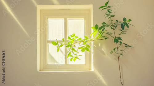 Professional studio photography of a cozy white window with green leafs, perfect for spring season. AI generative. © น้ำฝน สามารถ