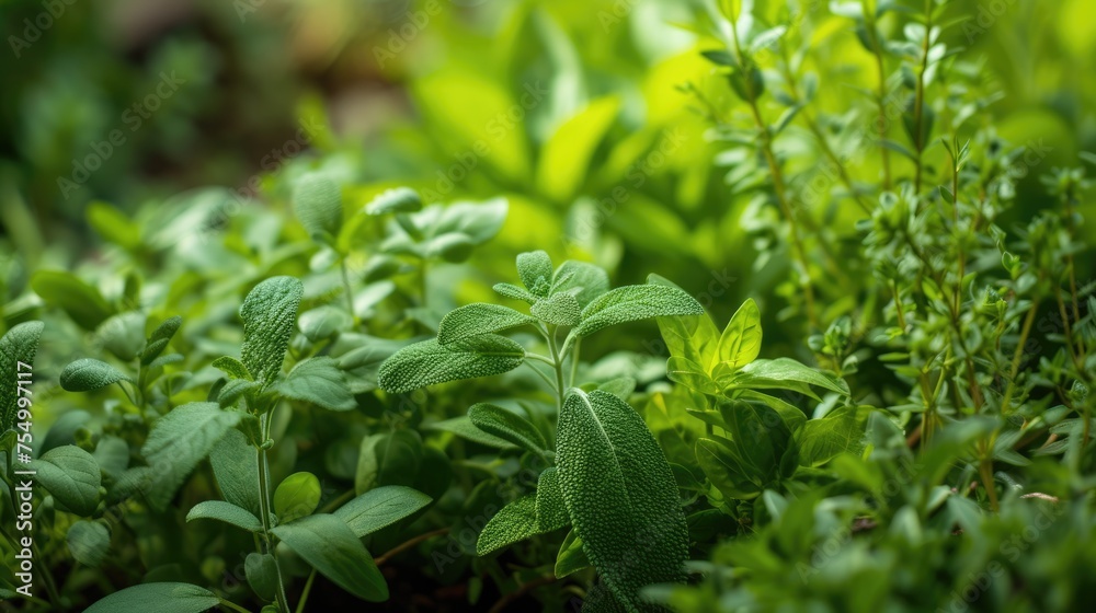 A vibrant close-up view of a lush herbal garden, showcasing the fresh textures and shades of aromatic culinary herbs A vibrant close-up view of a lush herbal garden, showcasing the fresh textures and shades of aromatic culinary herbs