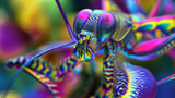 a close up of a multicolored insect on a blurry background with a caption in the middle of the image.