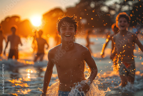 Young boy with a joyful expression running carefree along a sunny beach with other children in the background