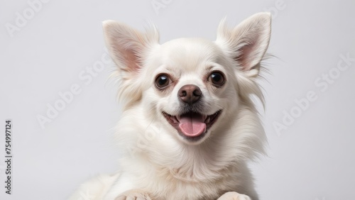 Portrait of White long coat chihuahua dog on grey background © QuoDesign