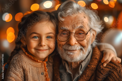 Elderly man with a young girl sharing a moment, both smiling with warm, festive lights in the background