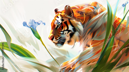a digital painting of a tiger in a field of tall grass and bluebells with a white sky in the background.