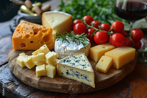 Various types of cheese on wooden board.
