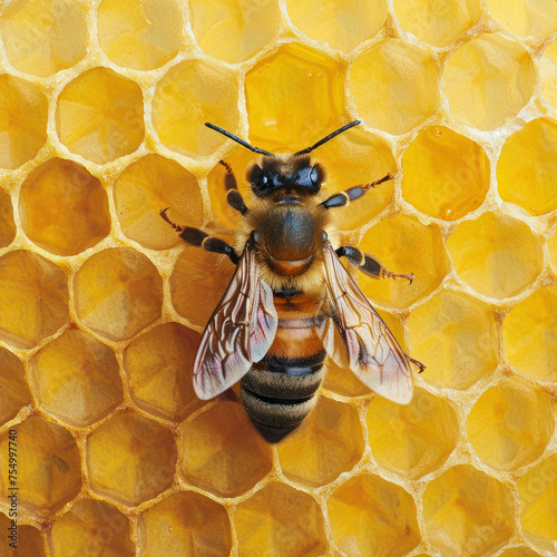 Closeup of honeybee queen on hive's honeycomb. Essential for ecosystem. AI generative. photo