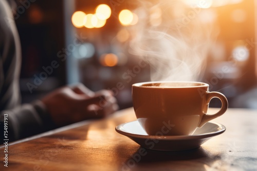 A cup of coffee is sitting on a white saucer on a wooden table. Image created with AI
