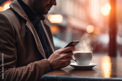 A man is sitting at a table with a white coffee cup and a cell phone. Image created with AI